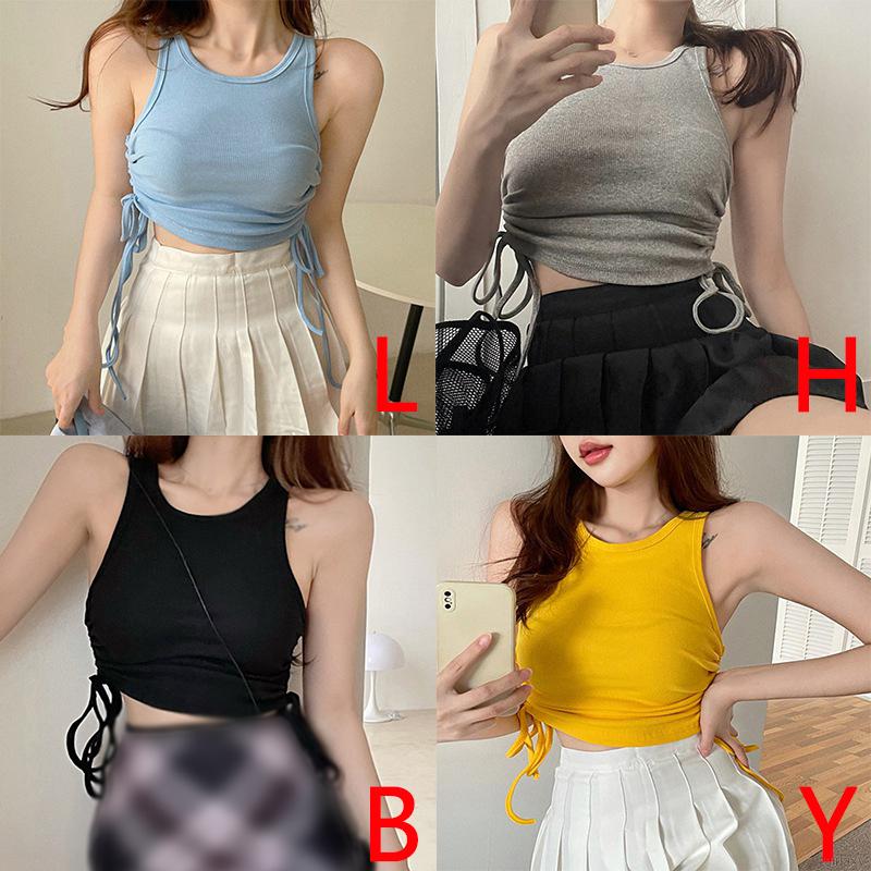 Áo Croptop Sát Nách Màu Trơn Phối Dây Rút Phong Cách Hàn Quốc