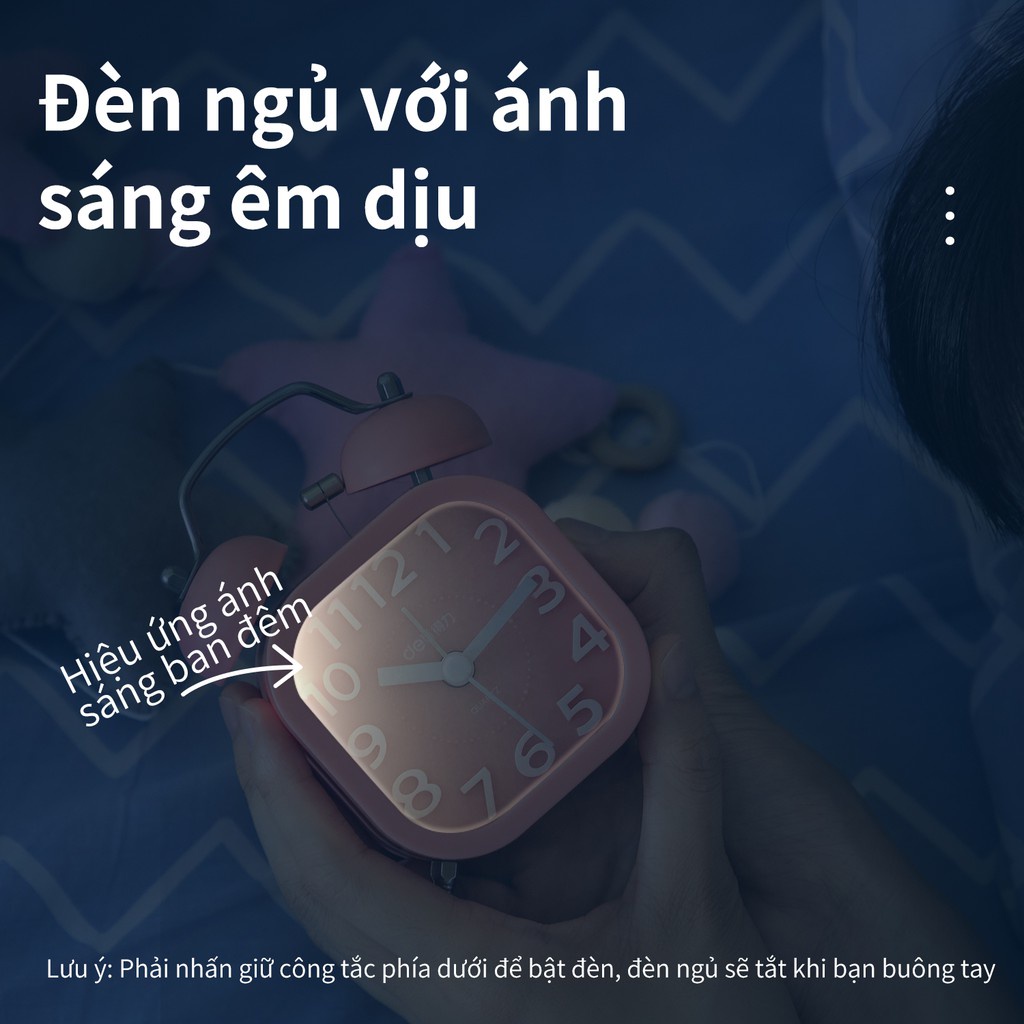 Đồng hồ báo thức kim trôi để bàn vuông Deli 9035 Có đèn ngủ chuông đôi kêu siêu to màu sắc phong phú đẹp sang trọng
