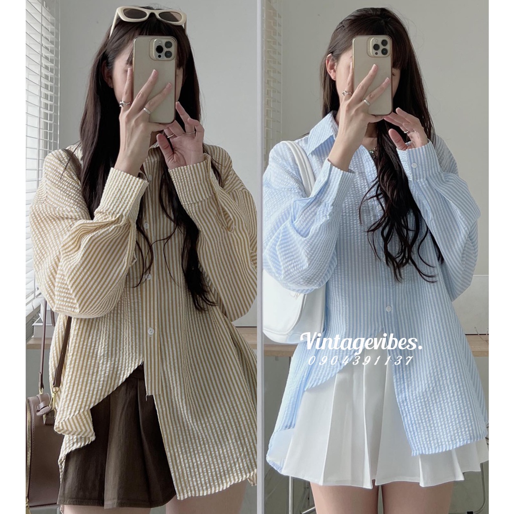 [FREESHIP] Áo sơ mi Hàn Quốc dáng rộng kẻ sọc vạt lệch dài tay style Ulzzang - Ảnh thật