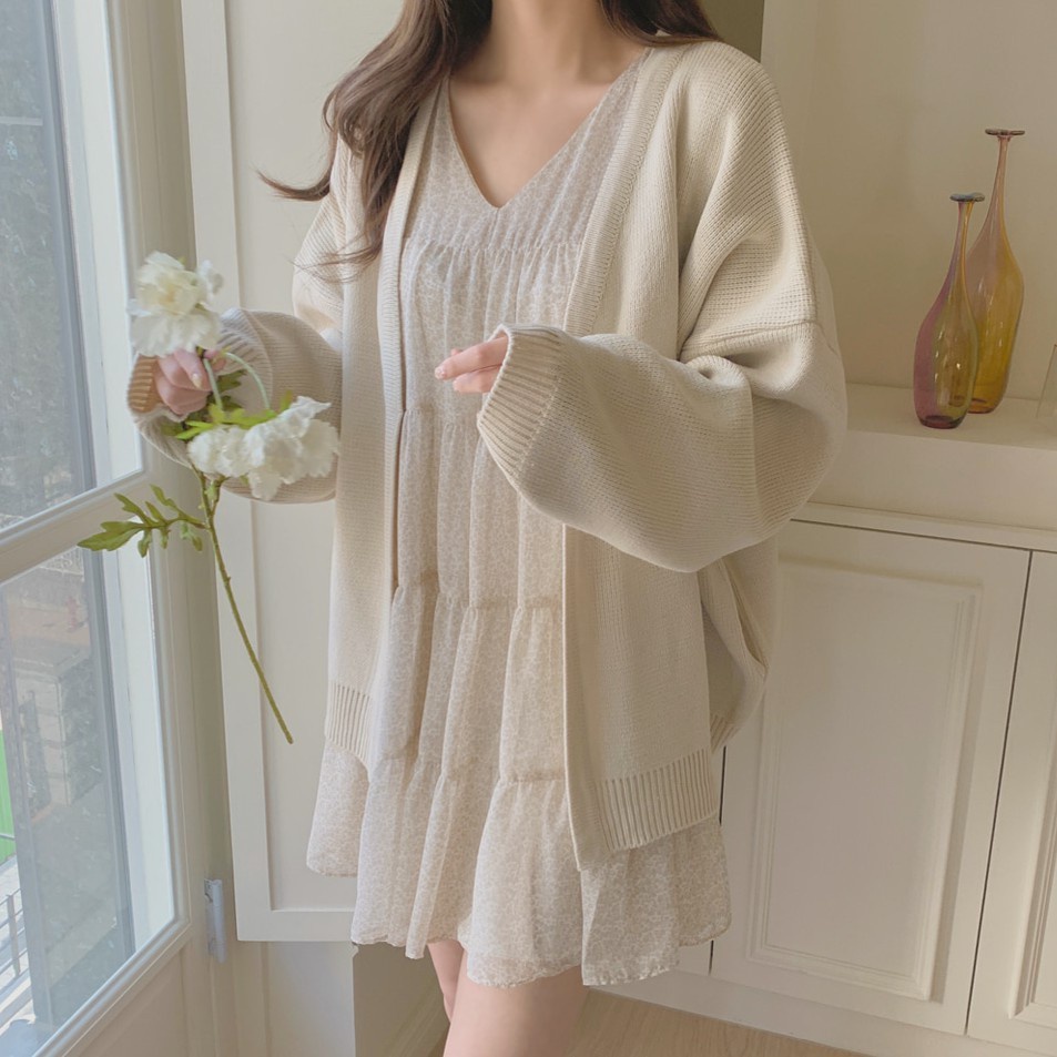 Đầm voan hoa tay dài dáng rộng phong cách thời trang Hàn Quốc 42155