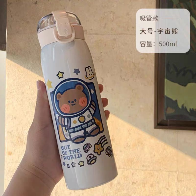 Bình giữ nhiệt inox 304 có ống hút dung tích 500ml hình in nổi sắc nét họa tiết dễ thương