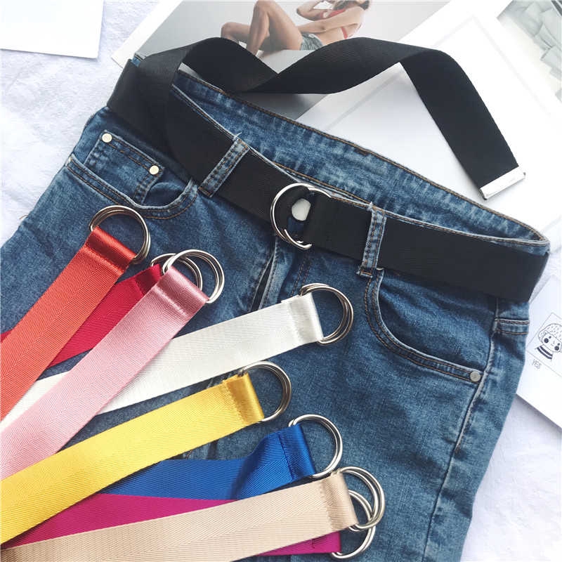 Dây thắt lưng canvas màu trơn có khóa vòng bản rộng phong cách Harajuku Hàn Quốc dành cho nữ