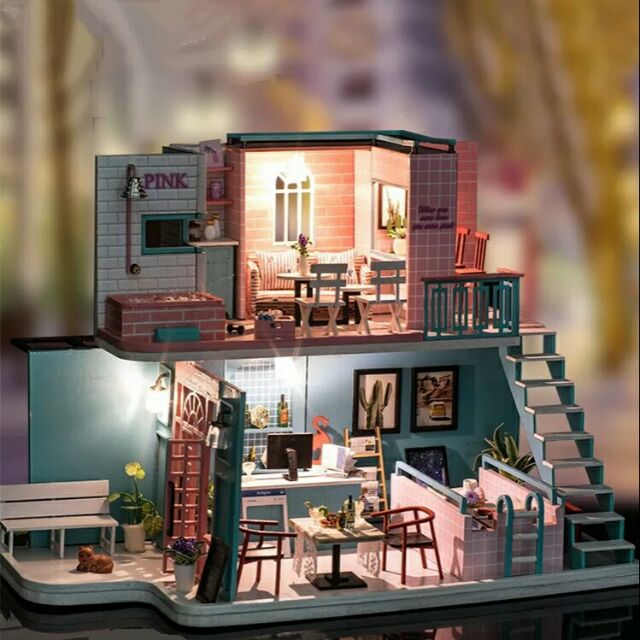 Mô hình nhà gỗ búp bê dollhouse DIY – K034 Pink Coffee