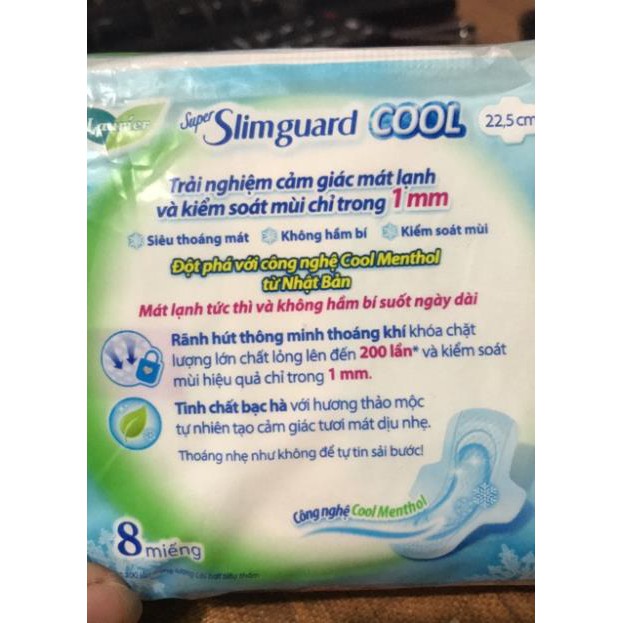 Băng Vệ Sinh Laurier Super Slimguard Cool Mát lạnh &amp; Kiểm soát mùi 22.5cm ( 8 miếng )