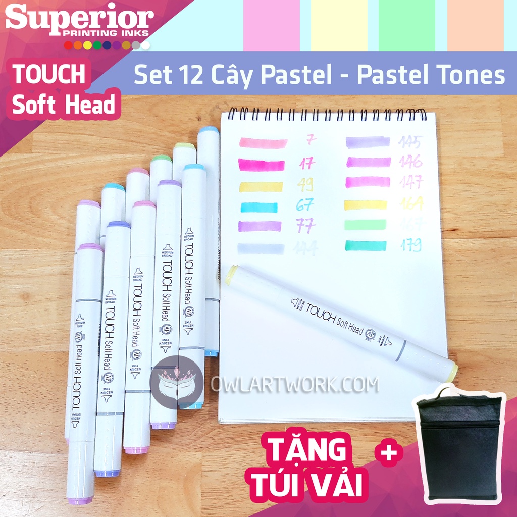 Bút Marker Touch Soft Head, set 12 cây màu Pastel - Tặng kèm túi vải