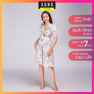Váy đầm hoa dáng dài tay phồng cột nơ – XungStore