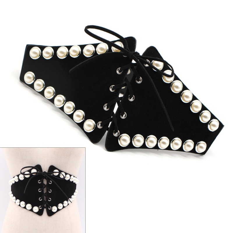 Thắt Lưng Nhung Bản Rộng Co Giãn Đính Ngọc Trai Thời Trang Cho Nữ