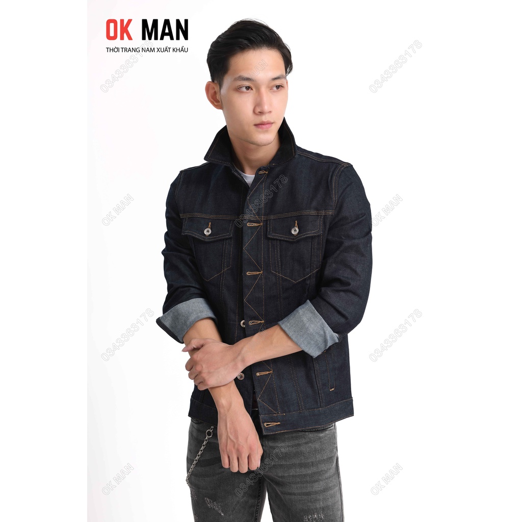 Áo khoác jean nam 2 màu indigo cao cấp, form slimfit, OkMan