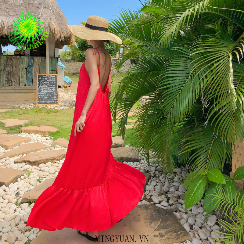 ( Mingyuan ) New beach dress red backless dress long skirt