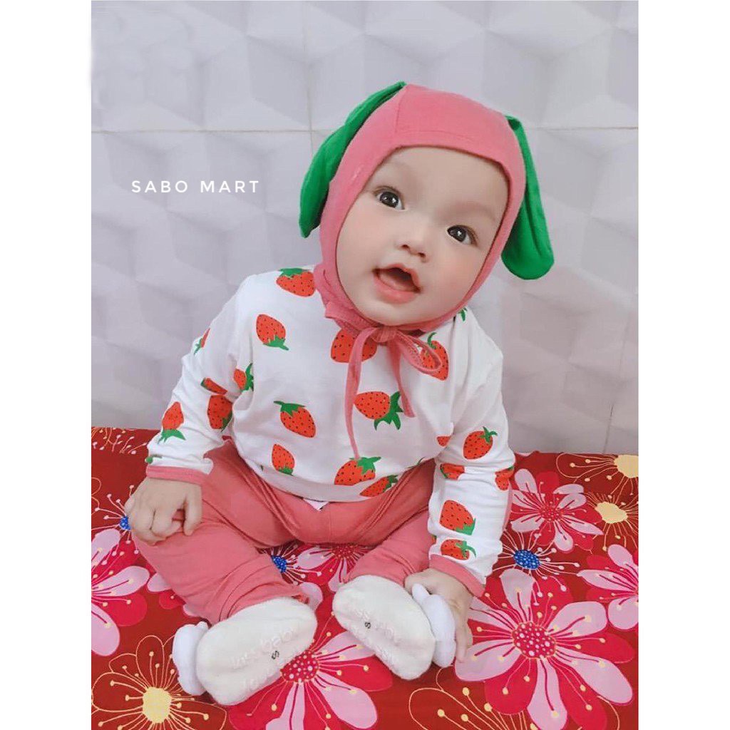 Bộ Thun Lạnh Dài Tay Trái Cây Hoa Quả Kèm Mũ Tai Thỏ Cute Cho Bé Mặc Hè Thu