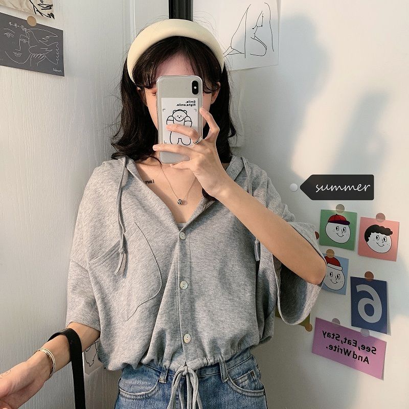 Áo Thun Tay Ngắn Dáng Rộng Có Mũ Trùm Phối Dây Rút Thời Trang Mùa Hè 2022 Mới Phong Cách Hàn Quốc Cho Nữ