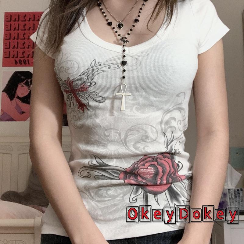 Áo Thun Mỏng Cổ Tròn Tay Ngắn Đính Đá Hình Hoa Cho Nữ Okdk-Y2K
