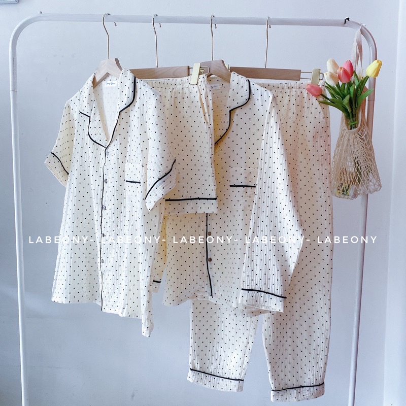 Đồ bộ nữ mặc nhà Pyjama CHẤM BI muslin Labeony( Bi Xanh Mới)