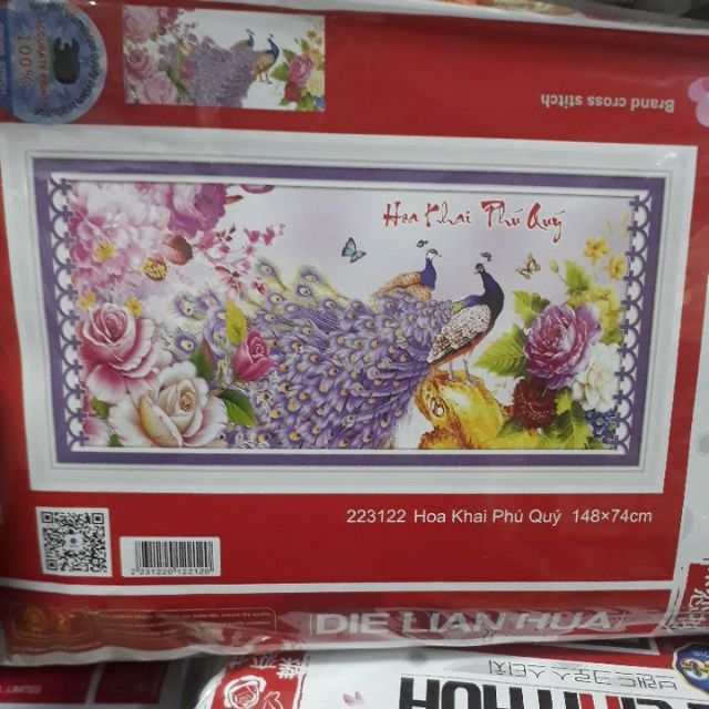 Tranh thêu 3d hoa khai phú quý 223122(148×74)
