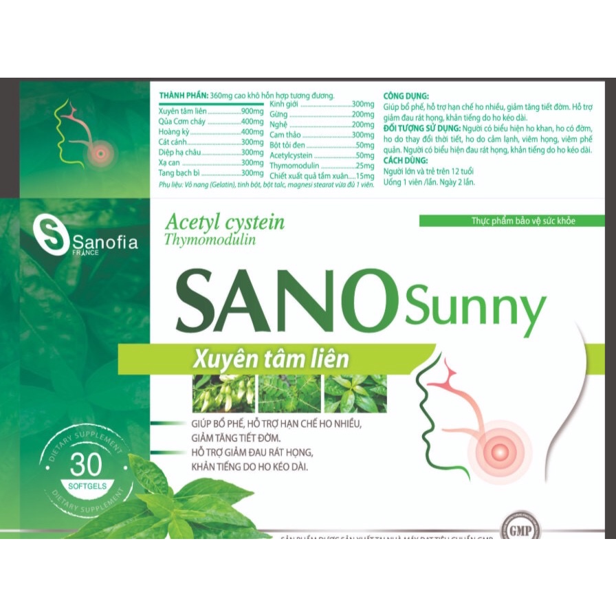 Viên uống Xuyên Tâm Liên Sano Sunny nhuận phế giảm ho - NT074