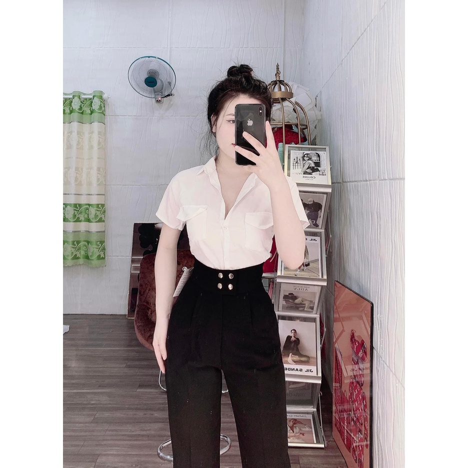 Set bộ áo sơ mi trắng 2 túi nắp tay ngắn quần tây baggy 4 nút công sở, đi làm, đi học