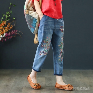 🎉 Quần Jean Dài Lưng Cao Co Giãn Thêu Họa Tiết Dân Tộc Thời Trang Mùa Hè Xinh Xắn Cho Nữ