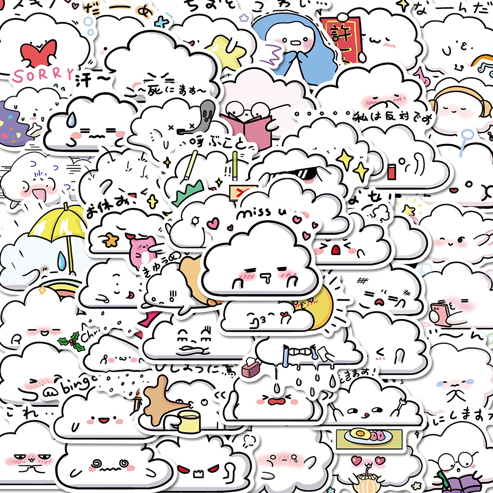 Bộ 50 Miếng Dán Chống Thấm Nước Hình Đám Mây Hoạt Hình Trang Trí Laptop Điện Thoại