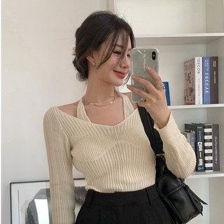 Áo Sơ Mi Dệt Kim Cổ Yếm Dáng Ôm Thời Trang Thanh Lịch Cho Nữ