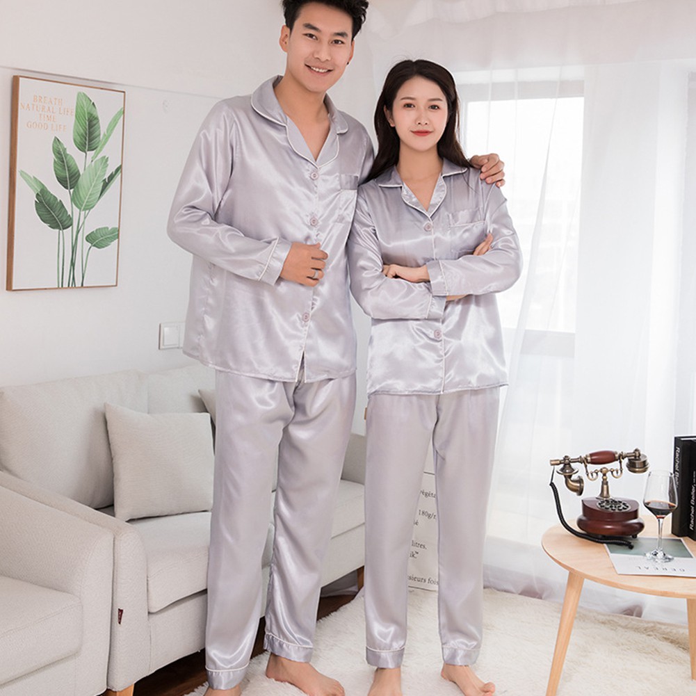 Bộ Đồ Ngủ Pijama Dài Tay Vải Phi Bóng Dành Cho Cặp Đôi