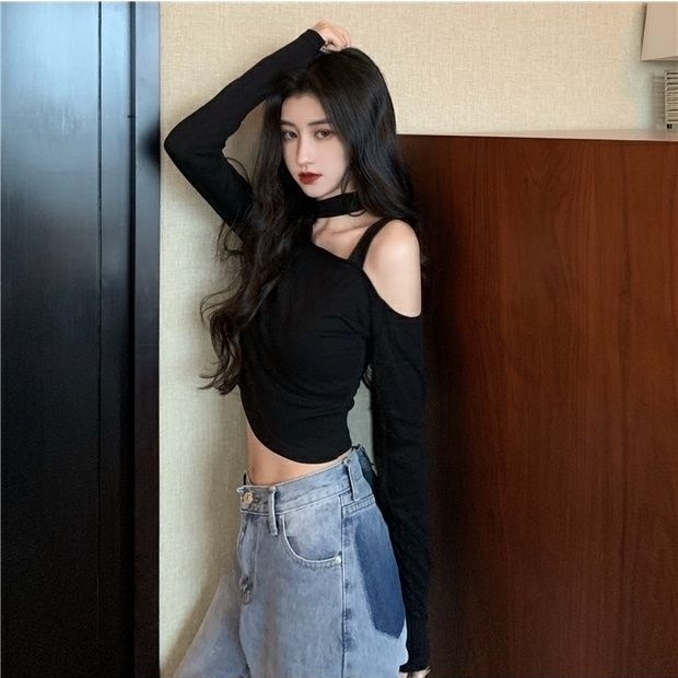 Áo Croptop Tay Dài Trễ Vai Màu Đen Phong Cách Hàn Quốc Cho Nữ