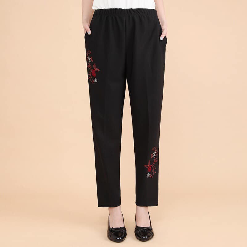 Quần dài nữ quần trung niên thêu hoa dáng suông co dãn dễ kết hơp mặc 4 mùa