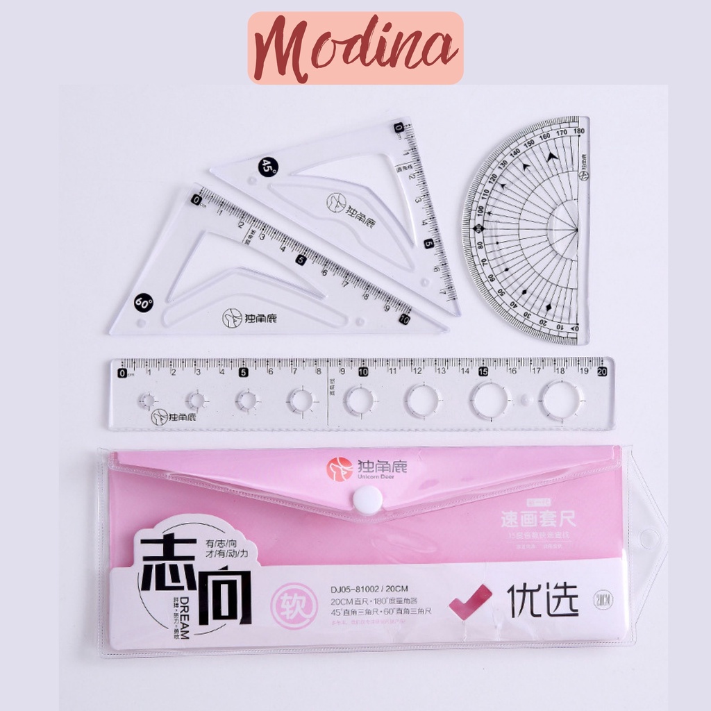Bộ thước kẻ nhiều món MODINA, Thước eke các loại kèm túi đựng cute