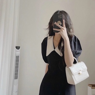 Đầm midi đen cổ trắng form dài 2 màu (kèm hình thật)