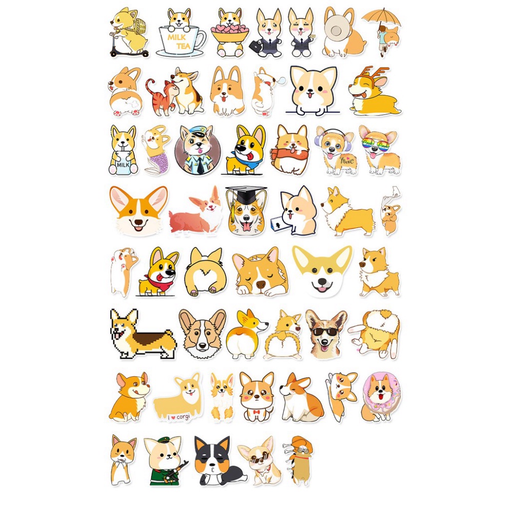 [Set 50 Cái] Bộ Sticker hình chó Corgi dễ thương dán trang trí laptop, mũ bảo hiểm, vali, xe tay ga, ván trượt - MP.053