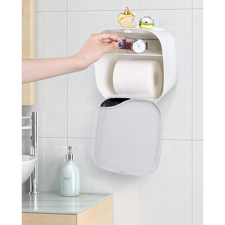 Hộp đựng giấy cao cấp Oenon dán tường, Hộp giấy vệ sinh có thêm ngăn để đồ tiện lợi