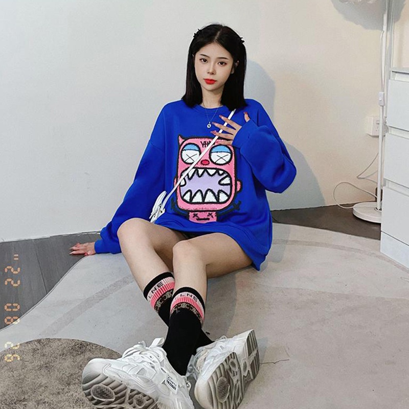 Áo sweater IELGY cổ tròn dáng rộng in hình hoạt hình xinh xắn cho nữ