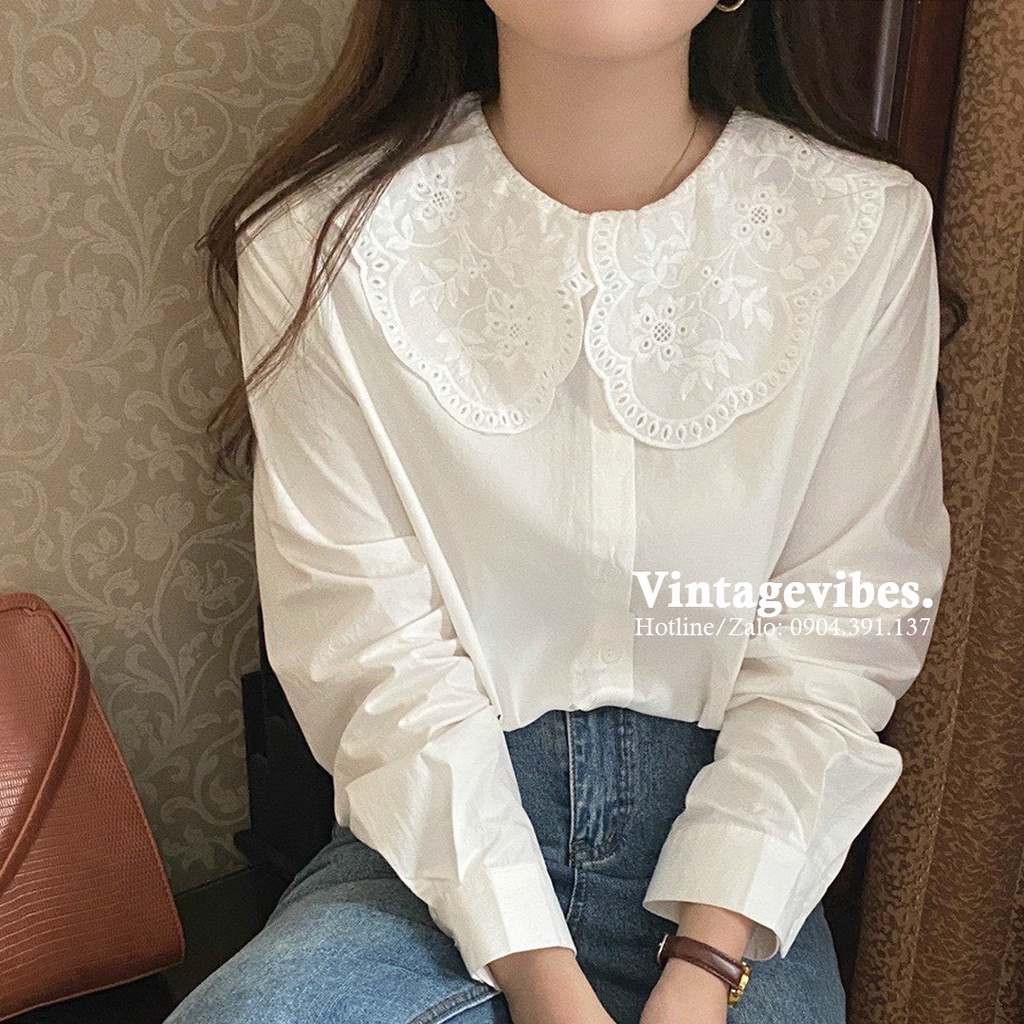 Áo sơ mi kiểu nữ Ulzzang, Áo sơ mi cổ bèo thêu hoa tiểu thư xinh xắn