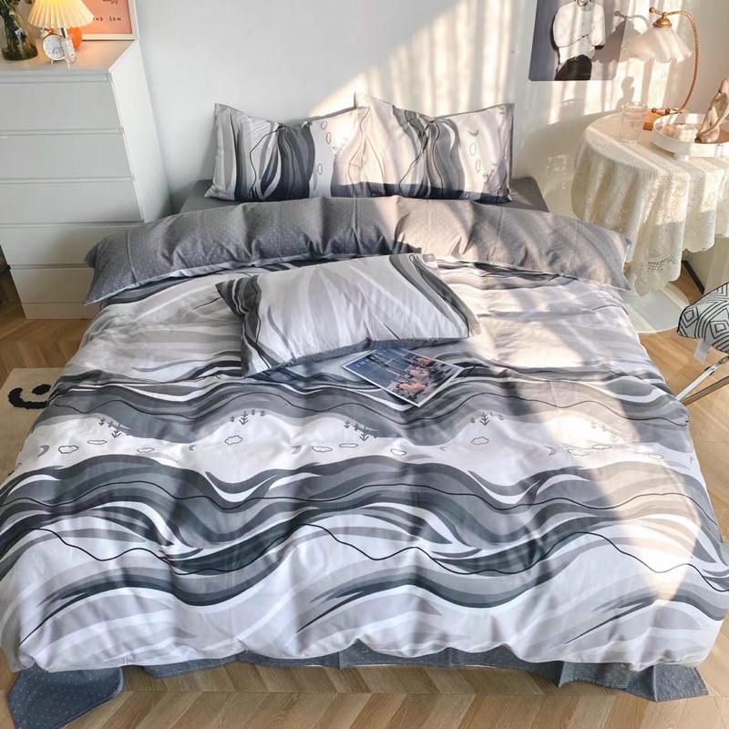 Set Bộ Vỏ Chăn Ga Gối Sóng Ghi
