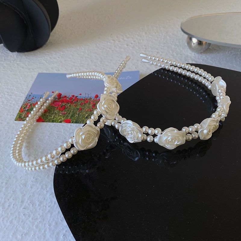 Băng Đô Cài Tóc Hai Lớp Đính Hoa Hồng Ngọc Trai Phong Cách Hàn Quốc Ngọt Ngào Cho Nữ