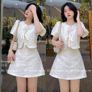 Set gấm áo croptop tay phồng buộc nơ và chân váy chữ A - SET27