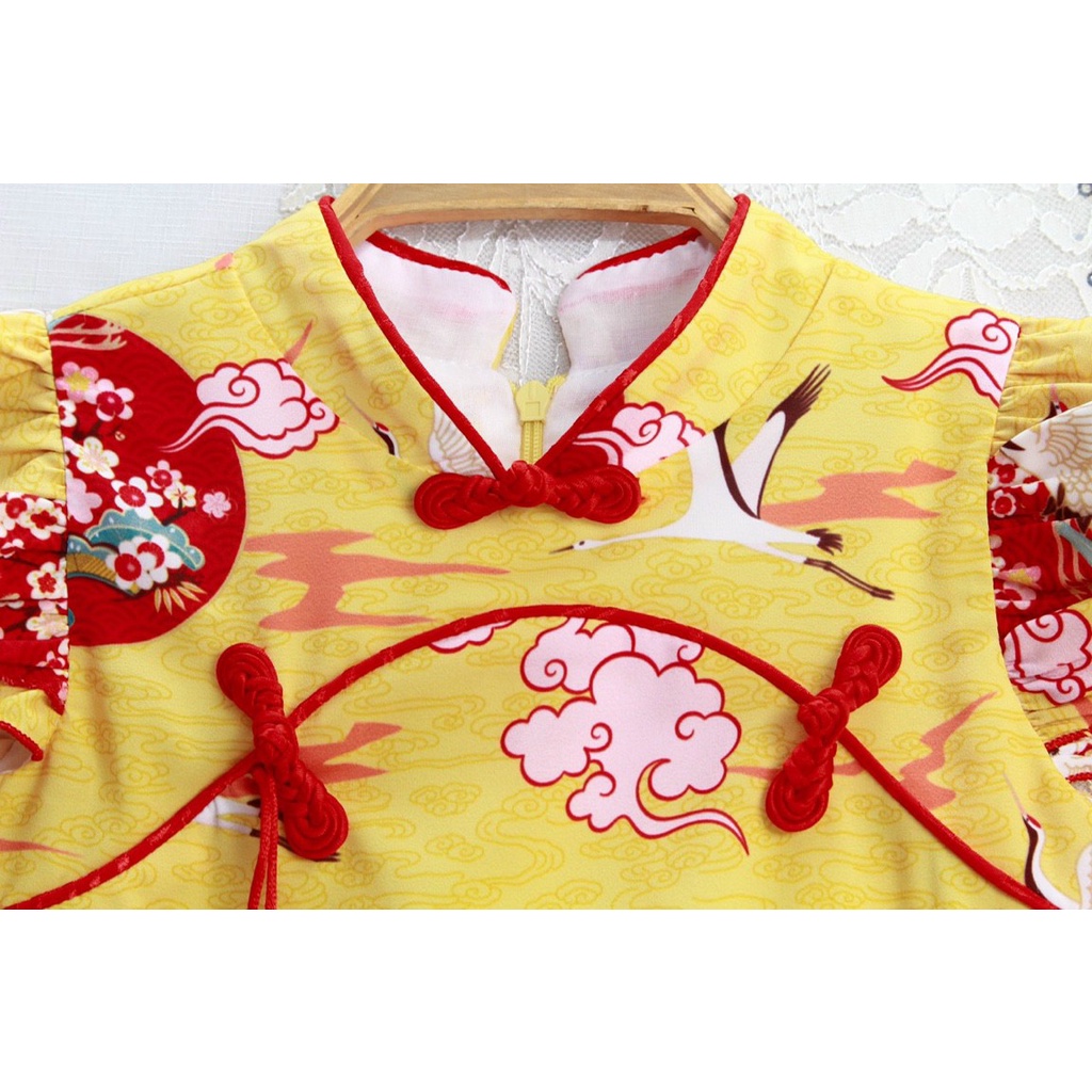 Đầm sườn xám đẹp cho bé gái mặc tết họa tiết chim hạc size 12-35kg hàng thiết kế cao cấp