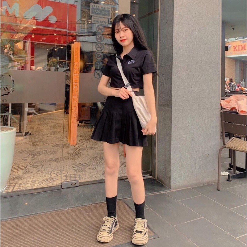 Áo croptop cổ bẻ tay ngắn thêu chữ (trắng/đen/be)