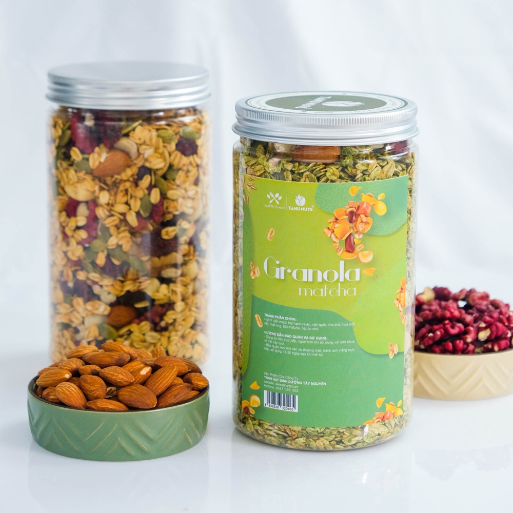 Ngũ cốc granola siêu hạt TANU NUTS vị matcha 35% yến mạch, granola mix hạt dinh dưỡng tốt cho người tập gym, yoga.