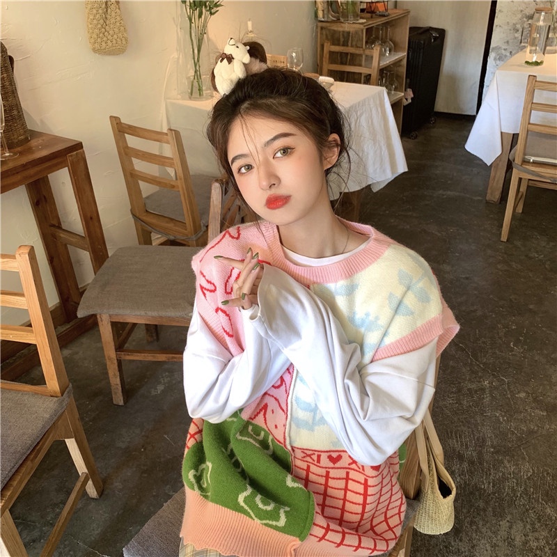 Áo dệt kim sát nách cổ tròn dáng rộng phối màu thời trang Hàn Quốc
 | BigBuy360 - bigbuy360.vn