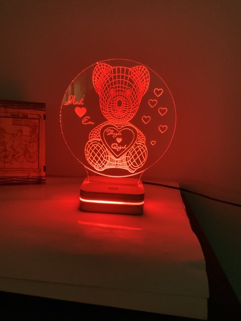 Đèn ngủ trong suốt led 7 màu rgb có khiển đi kèm hình gấu cute, đế gỗ có cảm ứng sang trọng