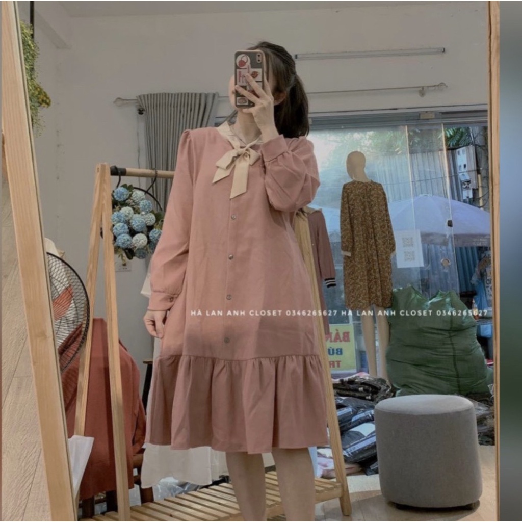 Váy Đầm Bầu Mặc Chơi Tết Xinh Xắn Thu Đông Dài Tay Chất Nhung Tăm Dày Dặn, Dáng Suông Size Dưới 70kg V0094 Mama Store99