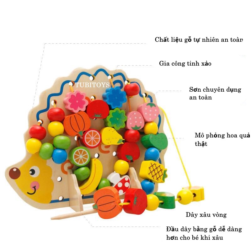 Bộ đồ chơi phát triển kỹ năng vận động tinh, XÂU HẠT GỖ HÌNH CÂY NHÍM, 0-6 tuổi ETOYS