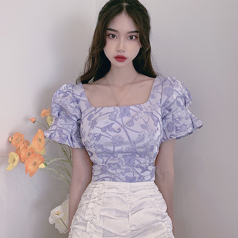 Áo kiểu cổ vuông tay phồng phong cách retro Pháp ngọt ngào cho nữ