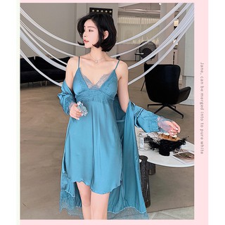 Set váy ngủ lụa kèm áo choàng - muối sleepwear m10