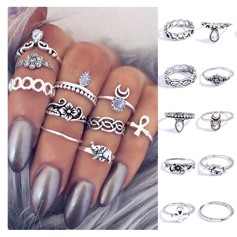 Bộ 10 nhẫn họa tiết voi/hoa/mặt trăng cổ điển cho nữ