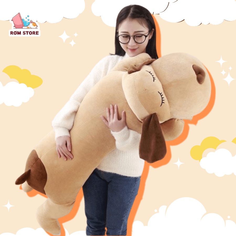 Gấu bông chó mũi tim tai dài, chó nhồi bông nằm dài ngủ, màu vàng gối ôm siêu khổng lồ 1m4, siêu mềm mịn Rơm Store
