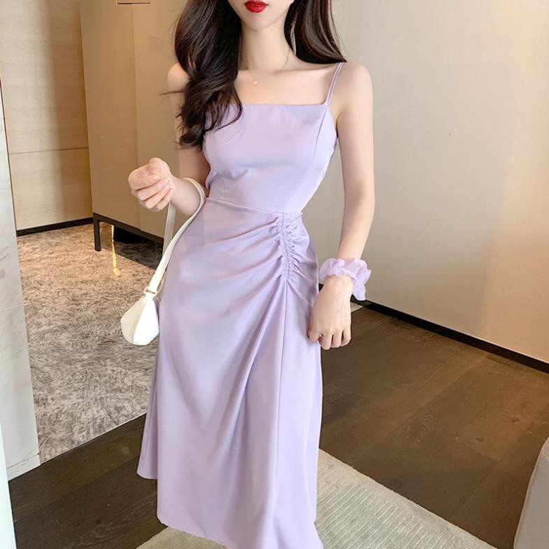JANE Váy hai dây retro phong cách Paris dress rút dây eo thon sang trọng Tím Pastel ྇ ་