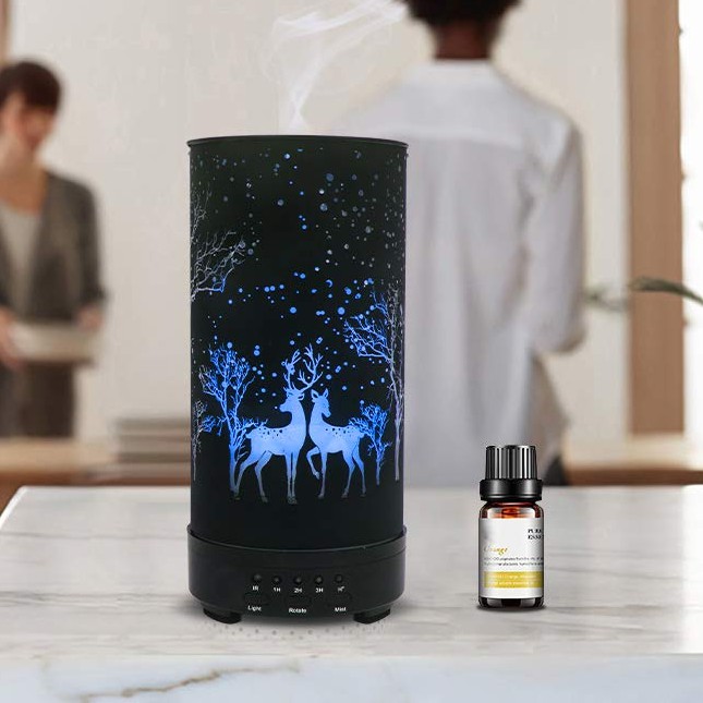 Máy xông tinh dầu ĐẾ XOAY thủy tinh hình hươu cây đen siêu đẹp - Diffuserlux