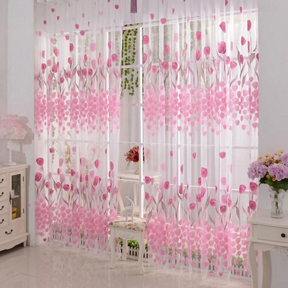 Rèm che cửa sổ vải tuyn voan in hoa tulip