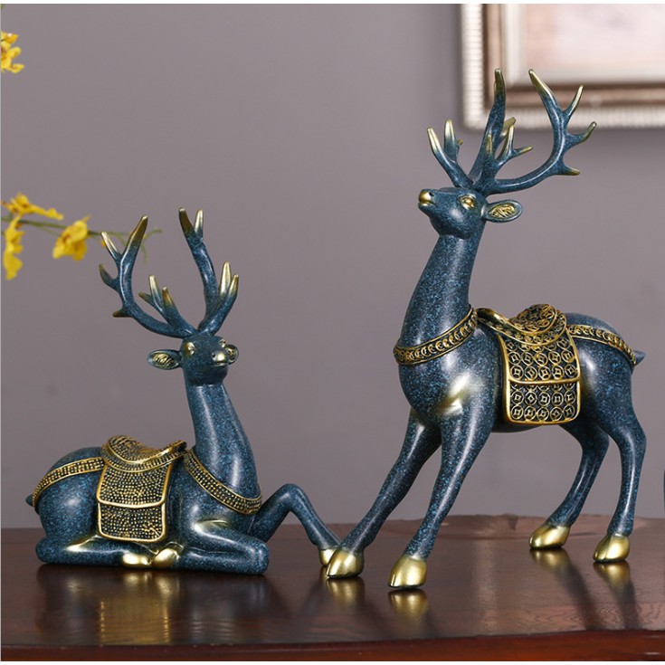 Tượng Decor cao cấp BỘ ĐỔI HƯƠU VÀ ĐĨA XANH trang trí phòng khách sang trọng, đẳng cấp, Hàng nhập khẩu tinh xảo Size Lớn